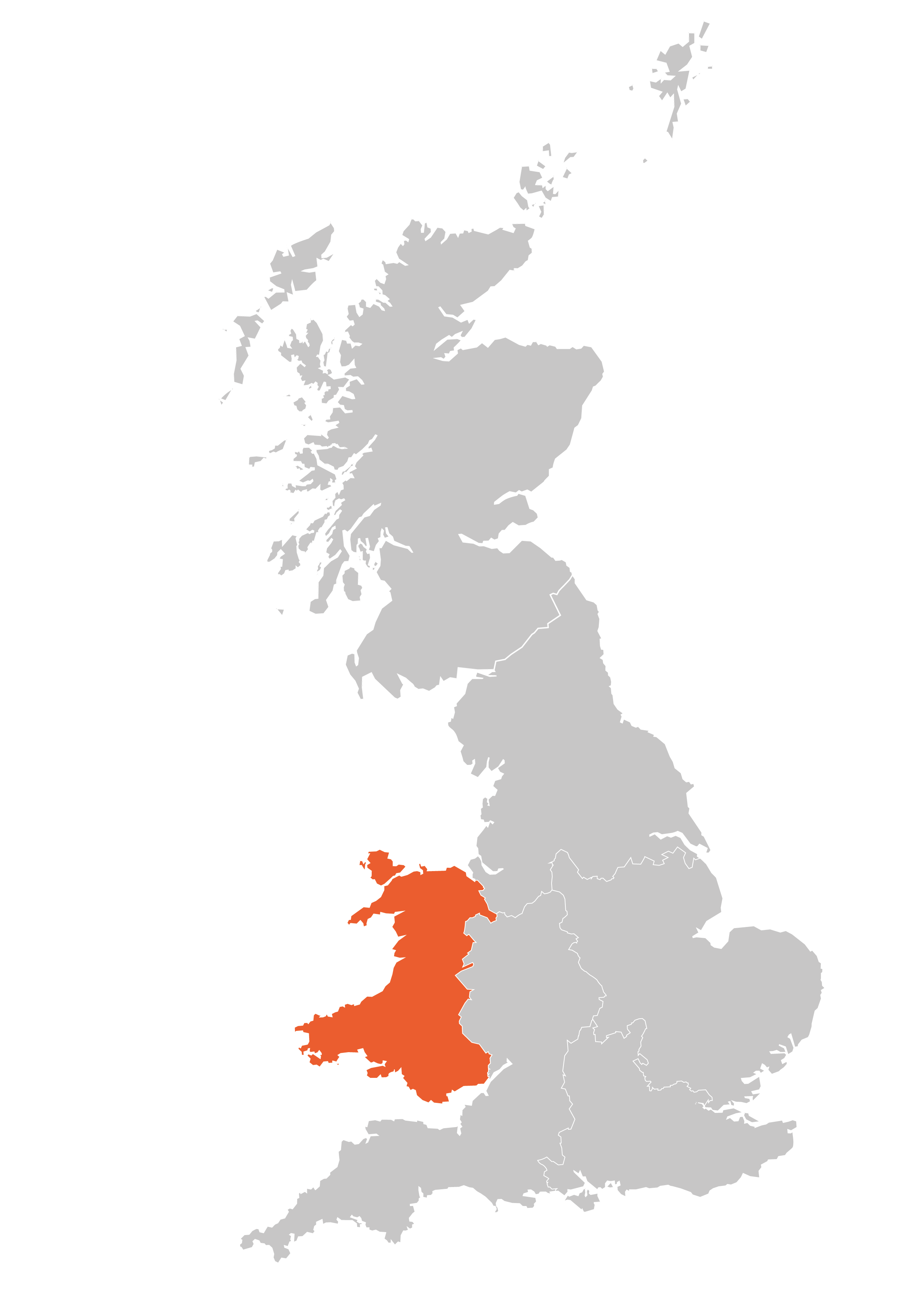 Great Britain with Wales highlighted in orange.